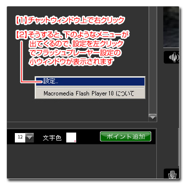 チャットウィンドウ上で右クリック⇒設定を左クリックでフラッシュプレーヤーの設定に進みます